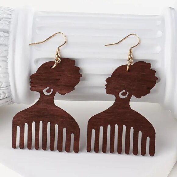 Wooden Afro Comb Earrings Rustic Bohemian Style, Exaggerated Statement - Picture 1 of 1